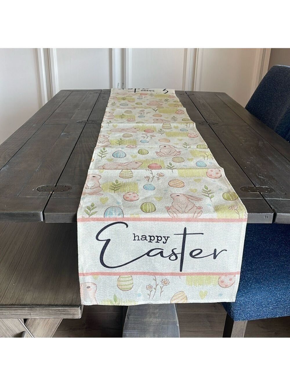 Easter Bunny Table Runner 13.5“ x 70”  Happy Easter Egg Bunny Pink Blue EUC